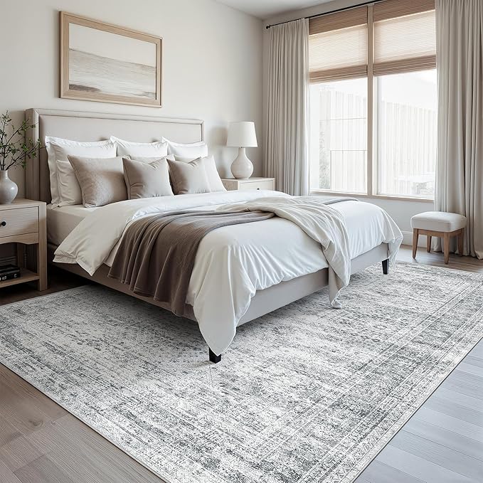 Washable Area Rug 8x10, Large Soft Rugs for Living Room Farmhouse Vintage Gray Area Rugs for Bedroom Dining Room Non-Slip Stain Resistant Under Table Rug Grey