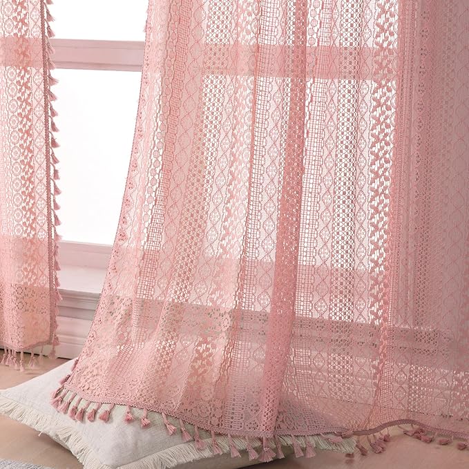 WAZZIO Boho Lace Curtains 84 Inches 2 Panel,Light Filtering Privacy Tassel & Geometry Crochet Semi Sheer Curtain Drapes for Bedroom Living Dining Room,Rod Pocket & Tassel,Light Pink