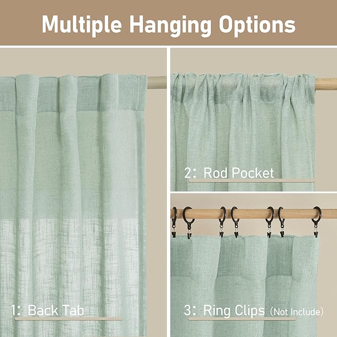 LAMIT Short Kitchen Linen Curtains 24 Inch Length for Small Windows, Semi Sheer Light Filtering Panels Back Tab and Rod Pocket Cafe Drapes for Half Window, Light Sage, 2 Panels, 34 x 24 Inch