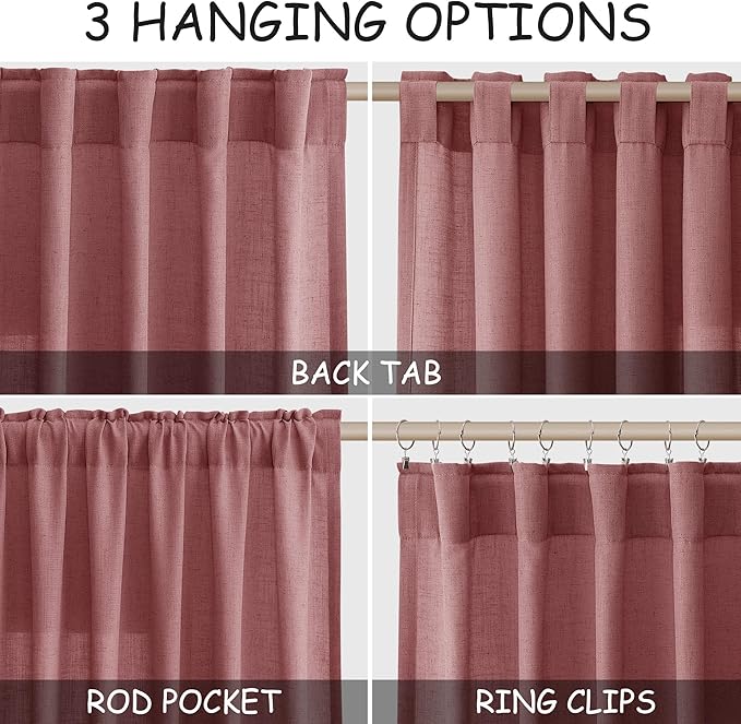 Canyon Rose Linen Curtains 102 Inches Long Rod Pocket Back Tab Drapes 2 Panels Set for Living Room Sheer Light Filtering Semi Sheer Dusty Rose Curtain 102 Length for Patio Sliding Glass Door 52x102