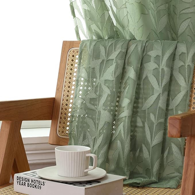 Lecloud Leia Sage Green Sheer Curtains 90 Inches Long 2 Panels, Airy Voile Jacquard Leaf Textured Curtains, Light-Filtering Farmhouse Rod Pockets Curtain Drapes for Bedroom Living Room, 52" W x 90" L