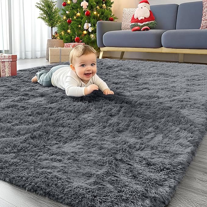 OLANLY 4x7 Area Rugs for Living Room Bedroom, Machine Washable Soft Fluffy Shaggy Bedside Rug, Indoor Floor Carpet for Kids Girls and Boys, Dorms, Nursery Rooms, Home Decor Aesthetic, Grey