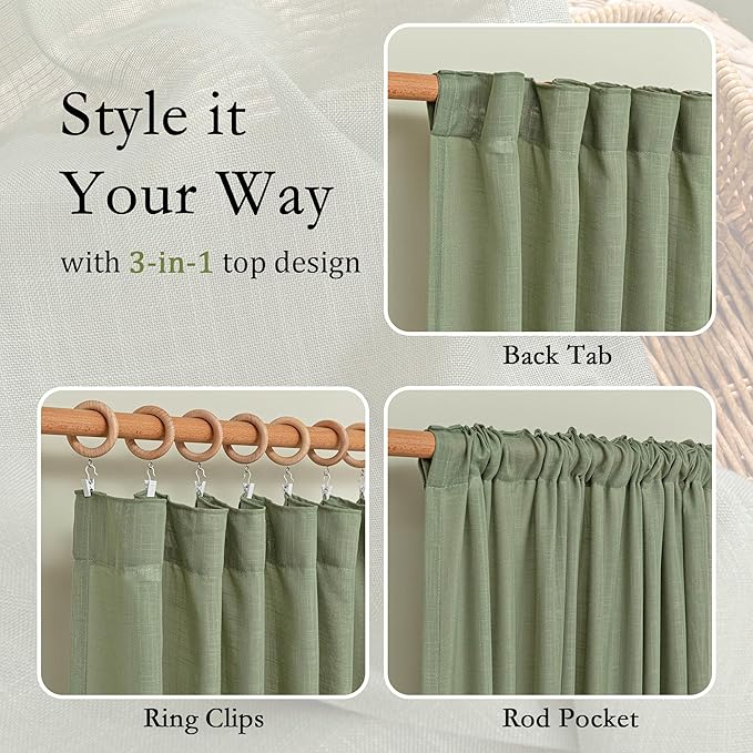MYSKY HOME Patio Curtains for Sliding Door 90 inch Length 2 Panels Set, Living Room Curtains & Drapes Soft Farmhouse Window Treatments Back Tab Semi Sheer Draperies, 50" W x 90" L, Sage Green