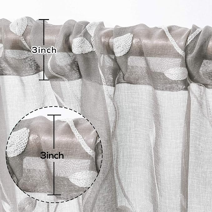 AmHoo 2 Panels Embroidered Leaf Pattern Semi Sheer Curtains Foliage Floral Voile Window Draperies Treatment for Bedroom Living Room Rod Pocket Light Gray 53 x 95 Inch