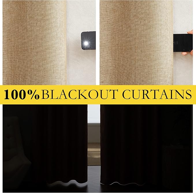 NICETOWN 100% Absolutely Blackout Linen Curtains with Thermal Insulated White Liner, Camel, W34 x L80, 2 Panels, Long Curtains 80 inch Length for Patio Door, Doorway, Office, Overnight Shiftworker