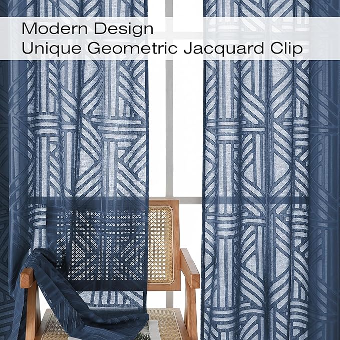 Simplebrand Navy Blue Semi Sheer Curtains 45 Inch Length 2 Panels, Geometric Jacquard Clip Textured Curtains for Bedroom, Modern Elegant Window Drapes Treatment, 42x45 Inch