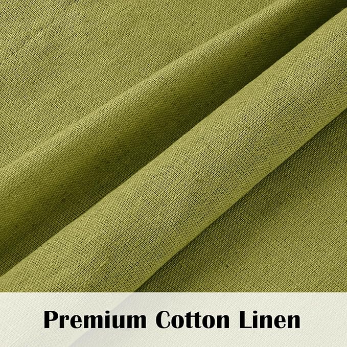 FRAMICS Farmhouse Cotton Linen Curtains for Living Room, Rustic Button Curtains 84 Inch Length 2 Panels, Boho Linen Window Curtain for Bedroom Rod Pocket Drapes, 52 x 84 Inch, Fresh Green and White