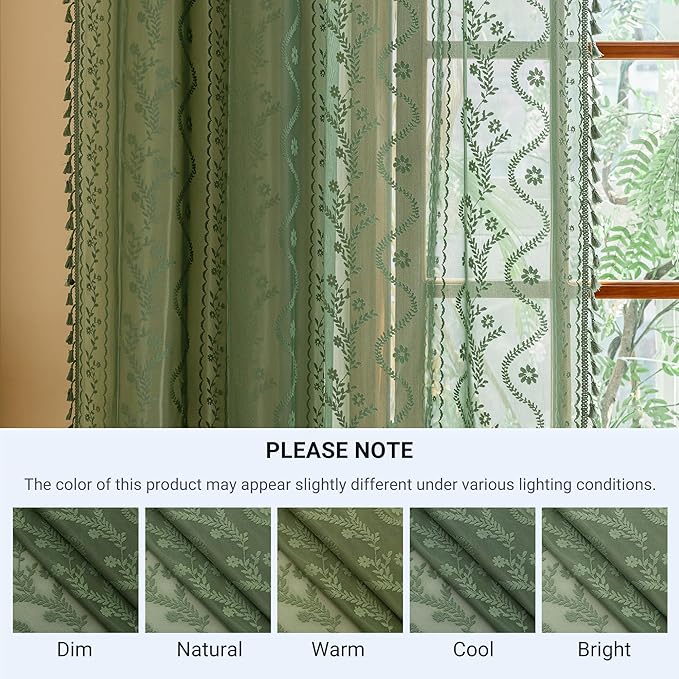WAZZIO Boho Lace Curtains 2 Panels 72 Inches -Vintage Victorian Sheer Panel Drape French Country Floral Pattern & Tassel Light Filtering Privacy for Bedroom Dining Living Room,Dark Sage Green,W52x L72