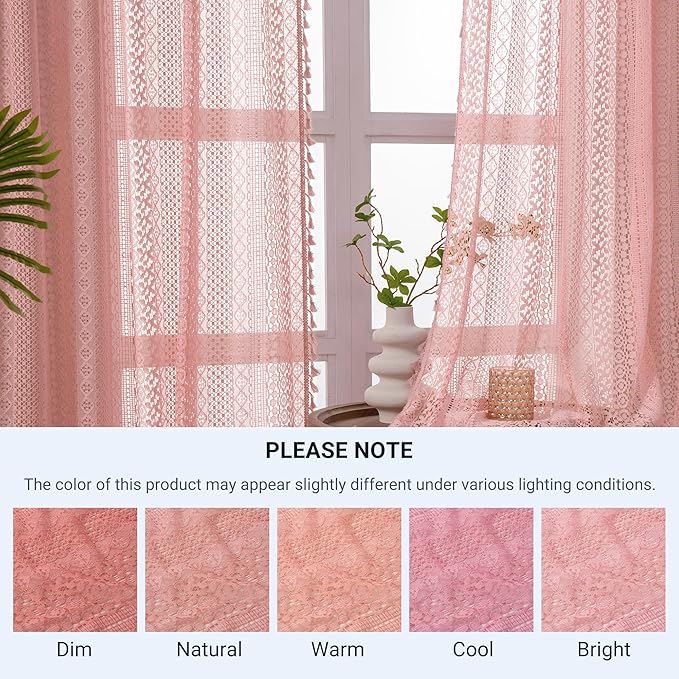 WAZZIO Boho Lace Curtains 84 Inches 2 Panel,Light Filtering Privacy Tassel & Geometry Crochet Semi Sheer Curtain Drapes for Bedroom Living Dining Room,Rod Pocket & Tassel,Light Pink