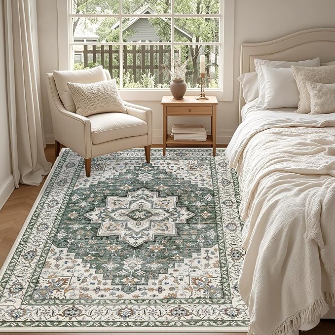 5x7 Area Rugs Living Room Rug: Washable Vintage Boho Medallion Rug No Slip Stain Resistant Soft Carpet Indoor Large Carpets for Bedroom Dining Room Farmhouse Nursery Hallway Home Office Green Ivory