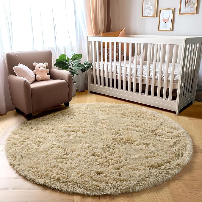 Amdrebio Beige Round Area Rug 4Ft for Bedroom, Boho Fluffy Plush Shag Furry Circle Rugs for Kids Room, Living Room Decor Aesthetic, Cute Shaggy Fuzzy Neutral Carpet for Nursery Preppy Dorm Baby Teens