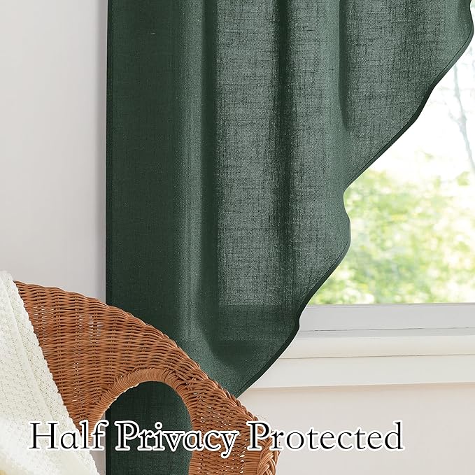 RYB HOME Kitchen Window Curtains - Linen Textured Sheer Swag Privacy Short Cafe Curtains Rod Pocket Topper Decor for Bedroom Dinning Room, Olive Green, W 36 x L 63, 2 Pcs