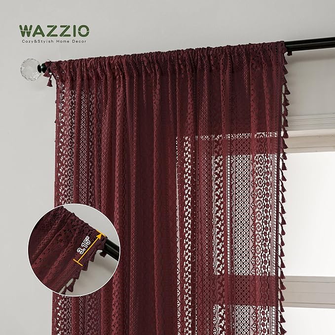 WAZZIO Boho Lace Curtains 84 Inches 2 Panel,Light Filtering Privacy Tassel & Geometry Crochet Semi Sheer Curtain Drapes for Bedroom Living Dining Room,Rod Pocket & Tassel,Burgundy Red