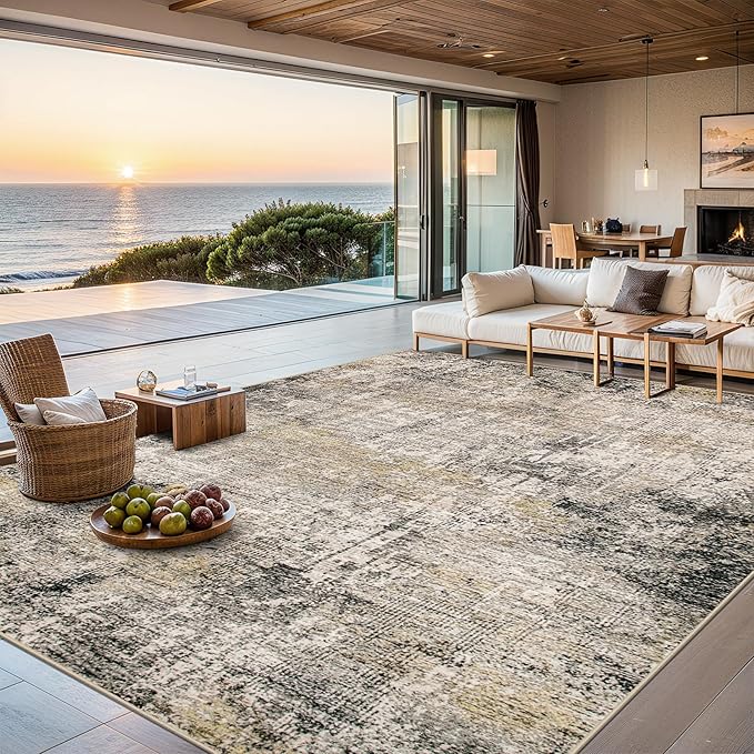 Area Rugs 10x14 Living Room - Washable Rug Modern Abstract Soft Large Neutral Non-Slip Carpet Indoor Floor Thin Carpets for Bedroom Dining Room Farmhouse Nursery Home Office Brown Black Grey