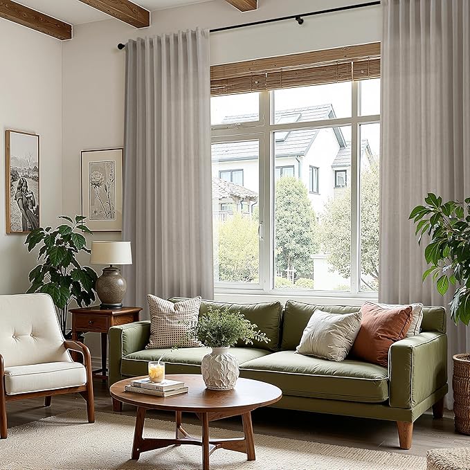 Nanspring Grey Beige Curtains 90 Inches Long for Living Room Linen Light Filtering Semi Sheer Curtain Back Tab Rod Pocket Simple Modern Neutral Elegant Boho Gray Drapes for Bedroom 52x90, 2 Panels