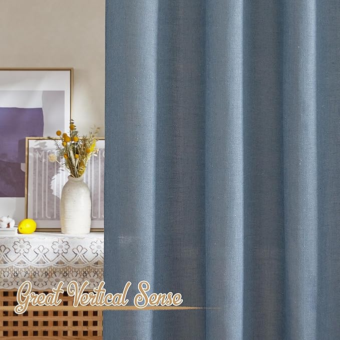 NICETOWN Linen Blend Stone Blue Curtains for Living Room, Rod Pocket & Back Tab Flax Burlap Drapes Semi Sheer Privacy with Light Filtering Window Treatments for Bedroom, W52 x L95, 2 Panels