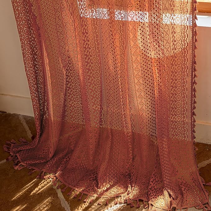 WAZZIO Burnt Orange Curtains Sheer 45 Inch Length Bedroom Short Small Cafe Rod Pocket Vintage Fall Privacy Let Light in Cotton Lace Boho 2 Panel, Terracotta