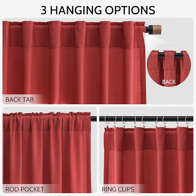 Nanspring Christmas Red Linen Curtains 96 Inches Long for Living Room Light Filtering Semi Sheer Curtain Back Tab Rod Pocket Vintage Rustic Luxury Home Decor Neutral Drapes for Bedroom 52x96, 2 Panels