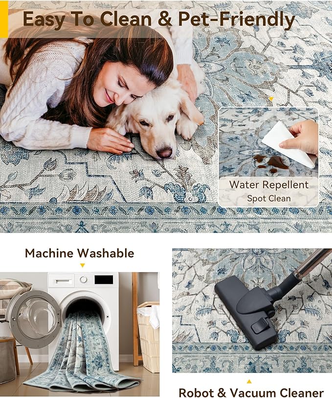RELEANY Area Rugs 2'x7' Runner Rug Non Slip Washable for Kitchen Hallway Bedroom Beside Laundry Room Bathroom Rug, Floor Carpet, Light Blue Navy Beige Gray White