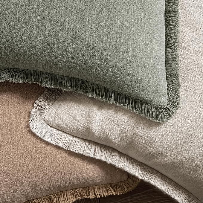 MIULEE Decorative Throw Pillow Covers Neutral Linen Fringe Throw Pillows Set of 2 Natural Beige Boho Farmhouse Cushion Covers with Tassels for Couch Sofa Bed Living Room Spring Decor 18x18 Inch
