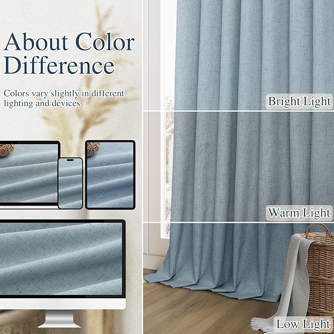Guken Blue 100% Blackout Linen Curtains 108 Inch Length 2 Panels Set for Living Room Bedroom Back Tab Thermal Insulated Black Out Drapes Room Darkening Farmhouse Style for Bedroom Window Curtains