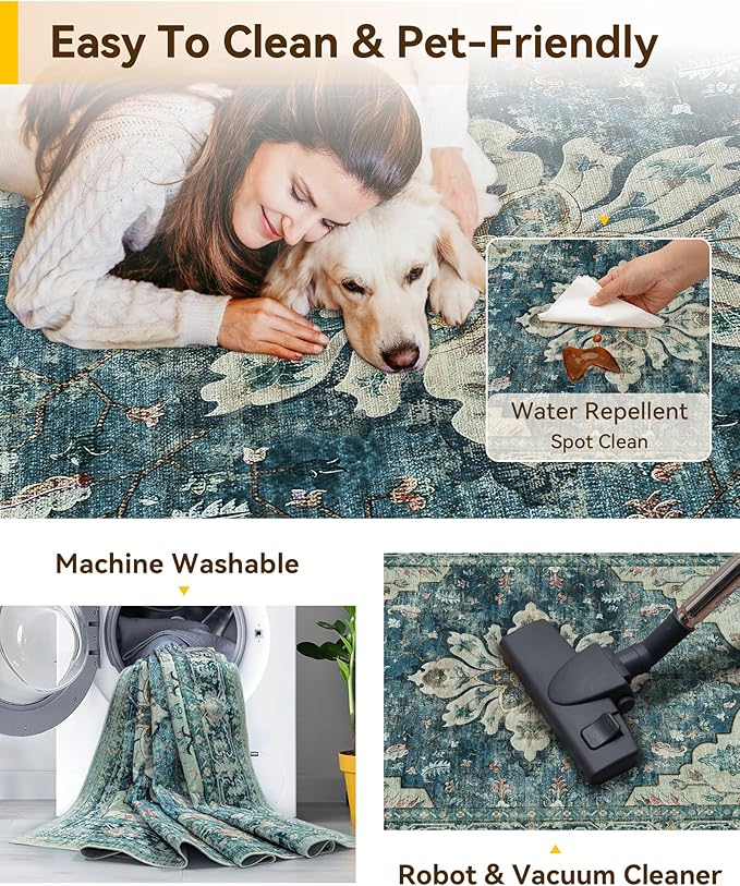 RELEANY Area Rugs Square 4ft Washable Non-Slip, Floral Vintage Distress Print Pattern Medallion Carpet for Living Room Bedroom Dining Room, Dark Blue Vintage