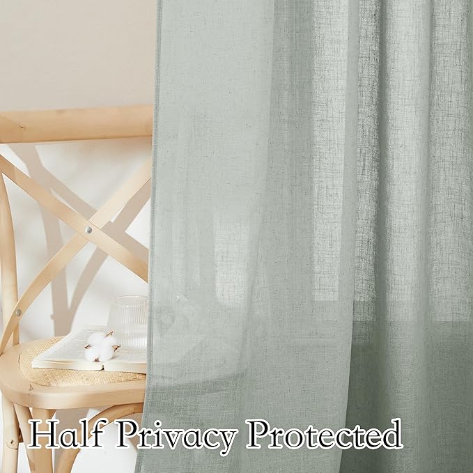 RYB HOME Semi Sheer Valances - Linen Textured Sheer Curtains Small Window Tiers Farmhouse Decor for Kitchen Bathroom Cafe Bedroom, Sage Green, Wide 52 x Long 18 inch, 2 Panels