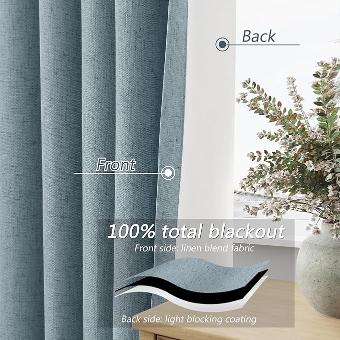 Guken Blue 100% Blackout Linen Curtains 120 Inch Length 2 Panels Set for Living Room Bedroom Back Tab Rod Pocket Thermal Insulated Black Out Drapes Room Darkening Farmhouse Window Curtains 52x120