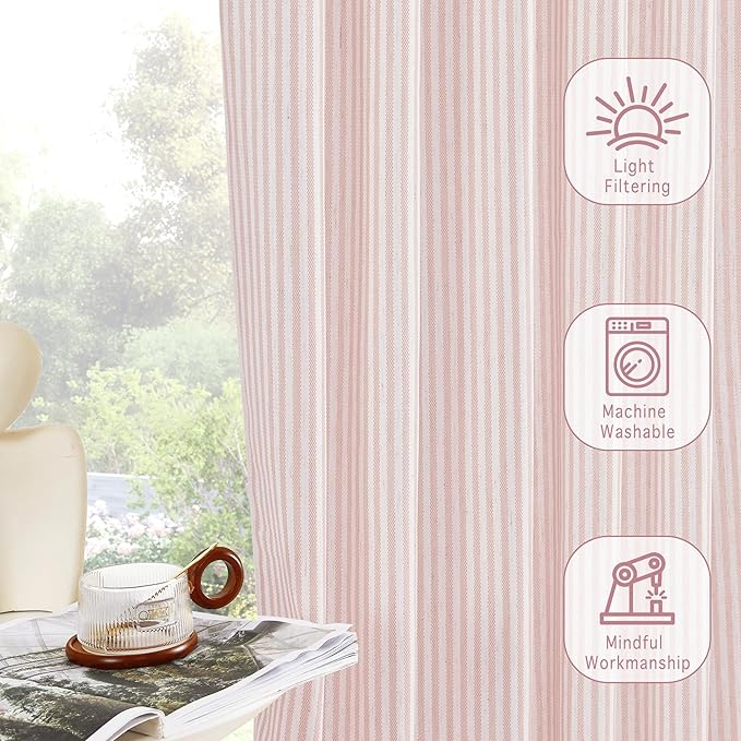RYB HOME Cafe Striped Curtains for Kitchen Bathroom Small Window, Linen Pinstripe Drapes Valance 36 inch Length for Living Room Short Tier Boho Rustic Farmhouse, Pink, W26 x L36, 2 Panels