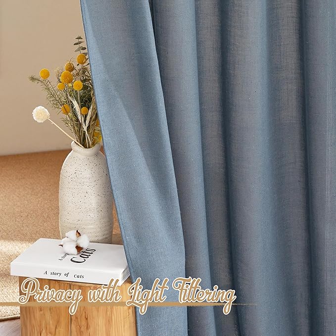 NICETOWN Linen Blend Stone Blue Curtains for Living Room, Rod Pocket & Back Tab Flax Burlap Drapes Semi Sheer Privacy with Light Filtering Window Treatments for Bedroom, W52 x L95, 2 Panels