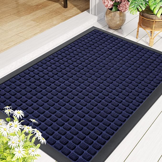Smiry Front Door Mat Outside Entrance, Heavy Duty Natural Rubber Doormat, Non Slip, Trap Dirt and Moisture, Easy Clean, Low Profile Welcome Floor Mats for Indoor Outdoor Entry, 47x23 Inch, Navy Blue