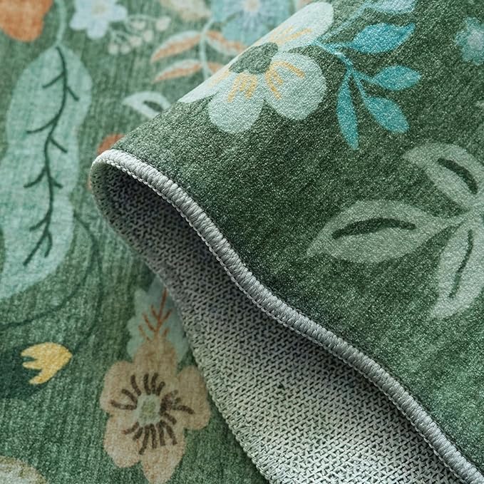Washable Floral 2x4 Area Rug: Indoor Soft Scalloped Carpet for Entryway Kitchen Non-Slip Water Resistant Bathroom Laundry Floor Mat Low Pile Durable Nursery Door Mat Cute Home Decor(2x4 Floral/Green)