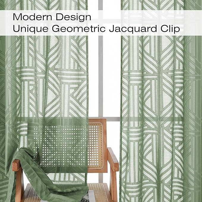 Simplebrand Sage Green Semi Sheer Curtains 84 Inches Long 2 Panels, Light Filtering Geometric Jacquard Clip Textured Sheer Curtains for Bedroom，Modern Elegant Window Curtains Drapes，42x84 inch