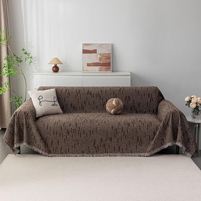 MYSKY HOME Boho Couch Cover Deep Chocolate Sofa Covers Washable, Farmhouse Sofa Slipcover Simple Couch Protector for Dogs Chenille Sectional Couch Covers L Shaped Couch Cushion Covers, 91"x 134"