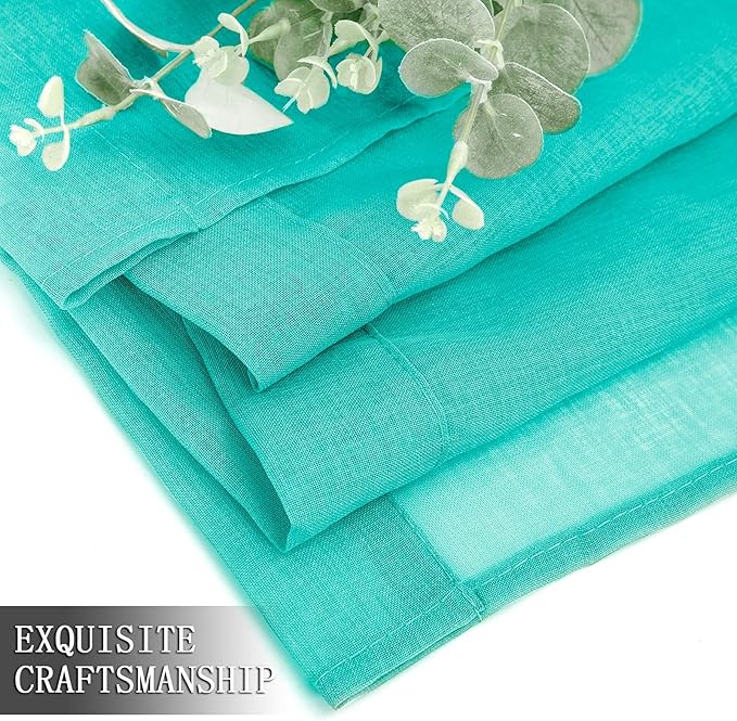 Tollpiz Short Sheer Tier Curtains Linen Textured Half Kitchen Curtain Sheers Light Filtering Rod Pocket Voile Small Curtain for Bathroom, 25 x 24 inches Long, Aqua Blue, Set of 2 Panels