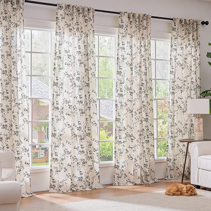 Lazzzy Farmhouse Linen Curtains Black Floral Curtains 90 Inch Length Back Tab Drapes for Living Room Bedroom Light Filtering Country Vintage Rod Pocket, 2 Panels, Black on Beige