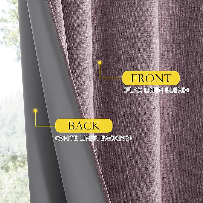 NICETOWN Chaise Mauve Vintage Linen 100% Blackout Curtains for Living Room, Thermal Insulated Curtains 102" Long, Noise Reducing Window Treatment Drapes for Hall Room, 52" Wide Per Panel, Set of 2