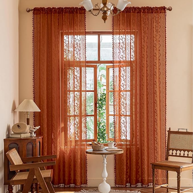 WAZZIO Boho Lace Curtains 80 Inch 2 Panels-Vintage Sheer Panel Drape Floral Pattern & Tassel Light Filtering Privacy for Bedroom Dining Living Room,Cottage Earthy Full Decor Terracotta,W52 x 80L