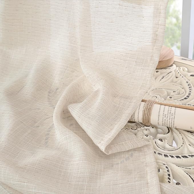 BGment 80 Inches Long Linen Semi Sheer Curtains for Bedroom, Oatmeal Light Filtering Window Drapes with Rod Pocket Lightweight Natural for Farmhouse Living Room, 2 Panels Set, Each 52 Inch Wide