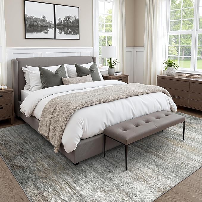 Area Rugs 4x6 for Living Room Bedroom, Modern Abstract Machine Washable Rug, Large Soft Low Pile Floor Cover with Non Slip Backing for Dining Room, Ash Gray Brown