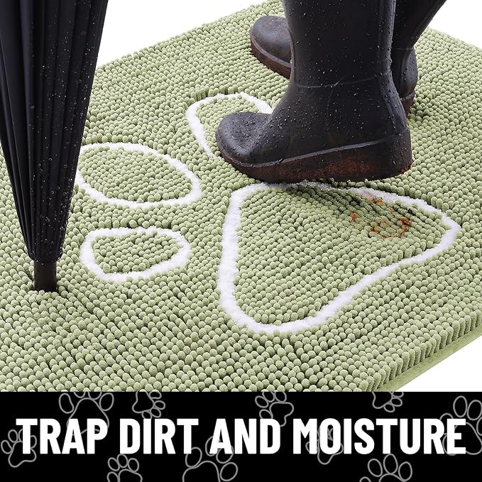 Smiry Dog Door Mat for Muddy Paws, Absorbent Dirt Trapper Non Slip Quick Dry Washable Chenille Mat for Mud Dogs, Entry Rug for Indoor and Outdoor (36x24 Inches, Sage Green and White)