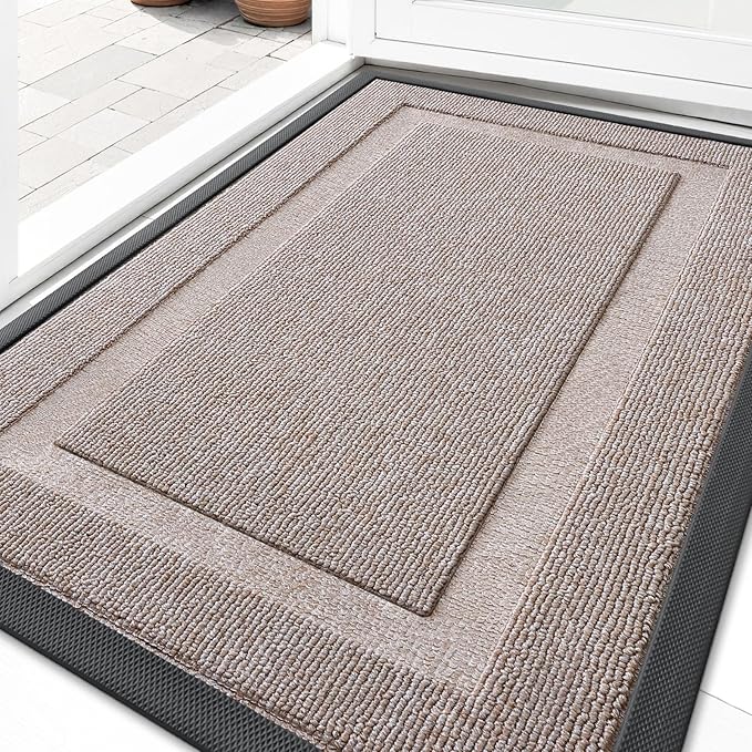 OLANLY Front Door Mat Indoor Outdoor Entrance, Waterproof All-Season, All-Weather Doormat, Sturdy Natural Rubber, Low Profile, Easy Clean Patio Porch Entryway Mat, 29.5x17, Camel