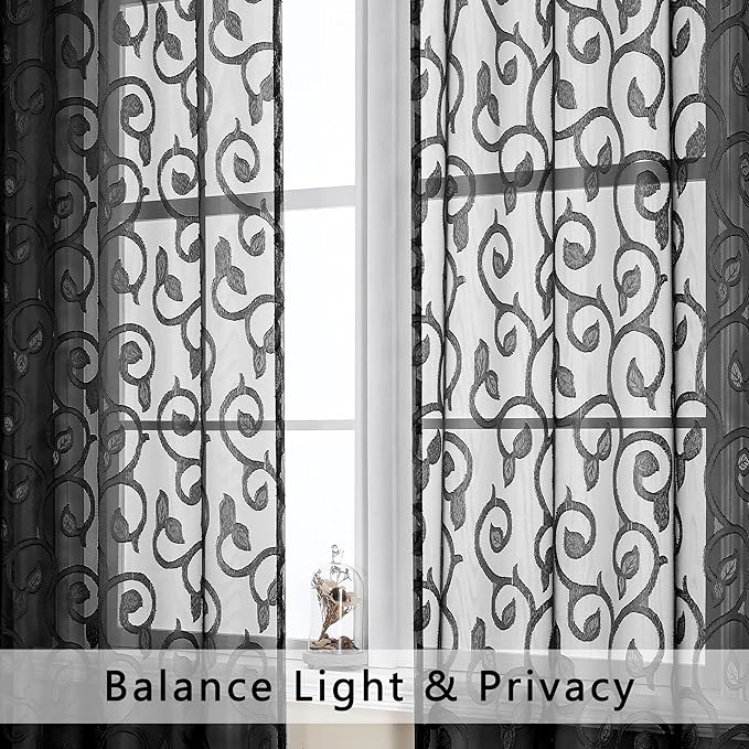 OWENIE Furman Sheer Curtains 63 inch Length for Bedroom Living Room 2 Panels Set, Jacquard Clip Textured Semi Sheer Black Curtain, Light Filtering Rod Pocket Farmhouse Window Treatments, 40Wx63L inch