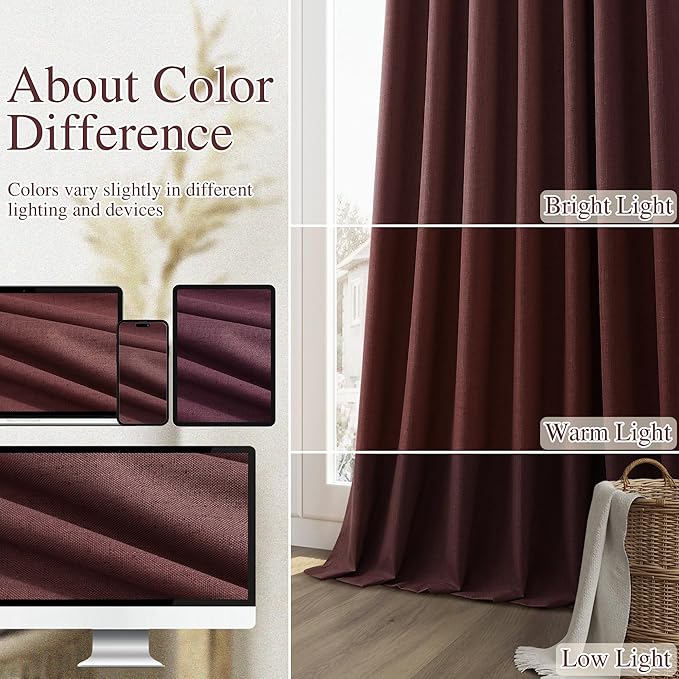 Guken 100% Blackout Curtains 108 Inch Length 2 Panels Set for Living Room Bedroom Back Tab Thermal Insulated Black Out Linen Drapes Room Darkening Reddish Brown,52x108