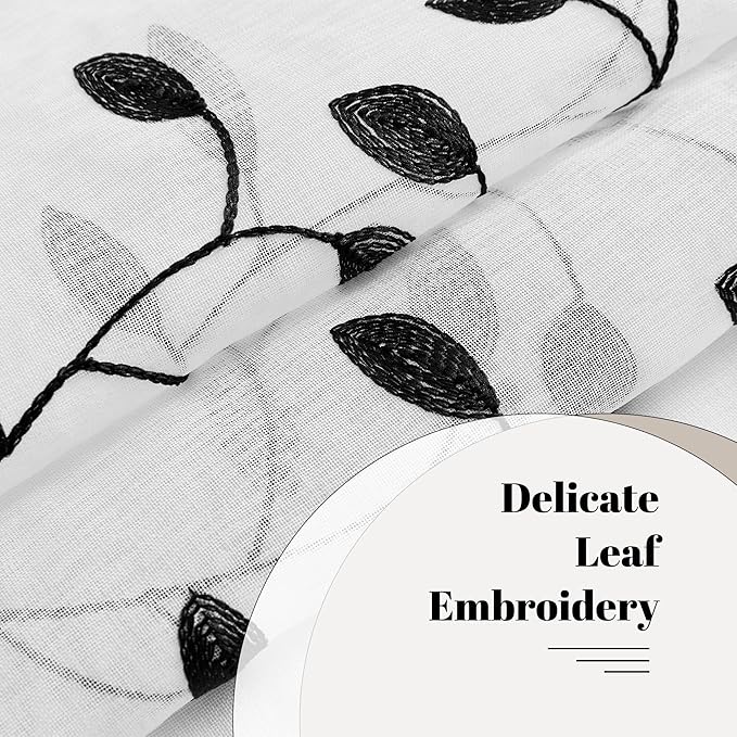 MRTREES Sheer Curtain Valance Rod Pocket, Voile Leaves Embroidered Christmas Valance for Windows, Small Kitchen Curtain Topper Valance for Bedroom/Basement/Kitchen(1 Panels, 54"x16", Black Leaves)