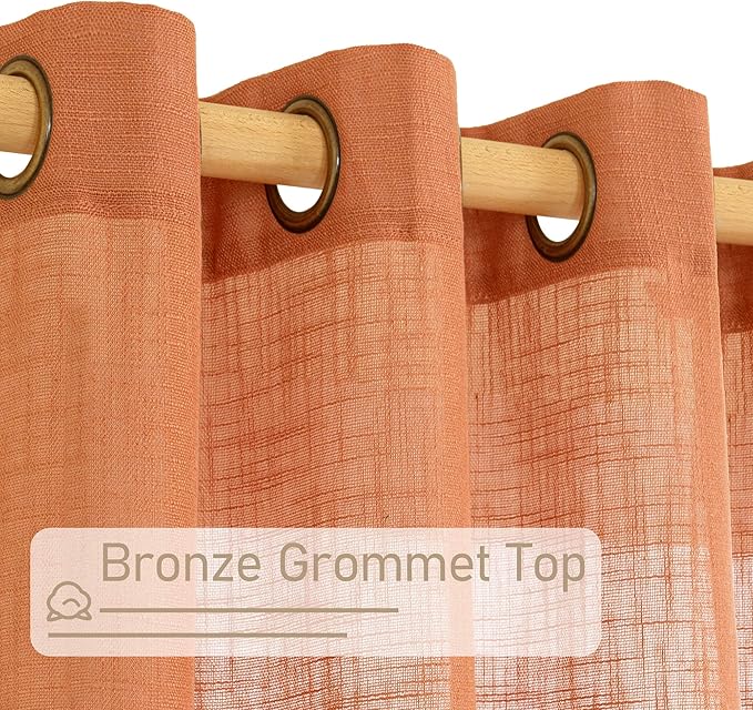 LAMIT Burnt Orange Linen Curtains for Living Room, 90 Inches Long Light Filtering Semi Sheer Panels Neutral Boho Farmhouse Drapes with Bronze Grommet for Living Room, 2 Panels, 52 x 90 Inch