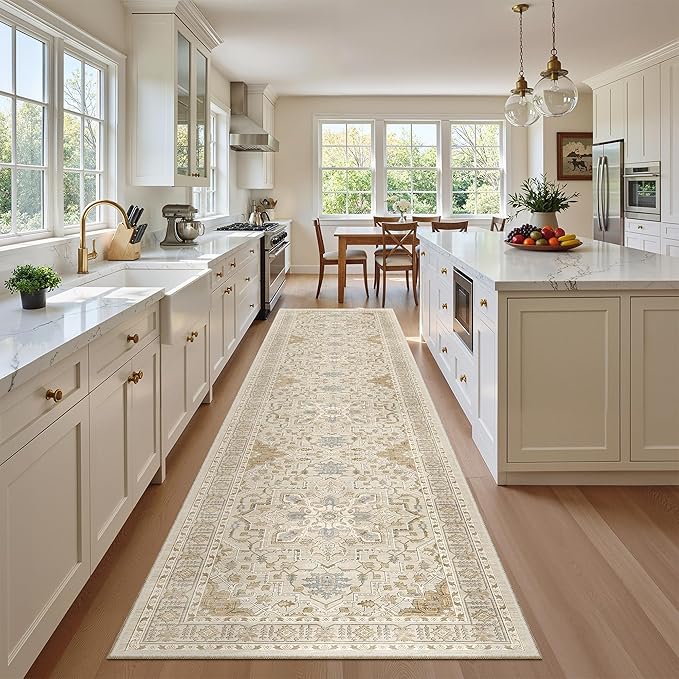 Madane Hallway Runner Rug 2'6''x12', Non Slip Vintage 12ft Runners for Hallways Washable Kitchen Rugs Soft Low Pile 2.5x12 ft Rug Runner for Laundry Room, Entryway and Bedroom, Beige/Blue