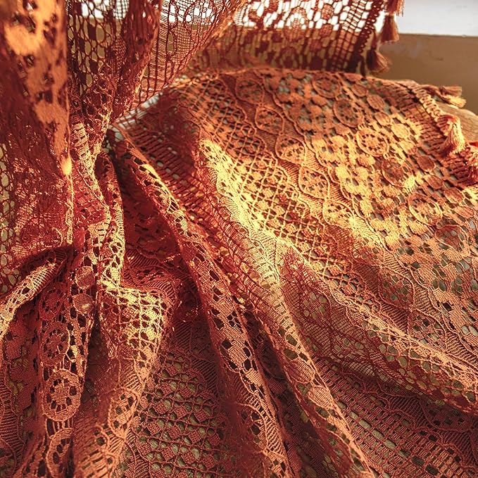WAZZIO Boho Lace Curtains 72 Inches 2 Panel,Light Filtering Privacy Tassel & Geometry Crochet Semi Sheer Curtain Drapes for Bedroom Living Dining Room,Rod Pocket & Tassel,Full Decor,Burnt Orange
