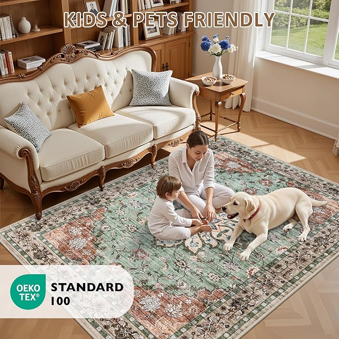 Area Rugs 10x12 Living Room Rug: Washable Rug Soft Vintage Distressed Floral Carpet Indoor Non-Slip Stain Resistant Large Carpets for Bedroom Dining Room Farmhouse Nursery Home Office Brown Green