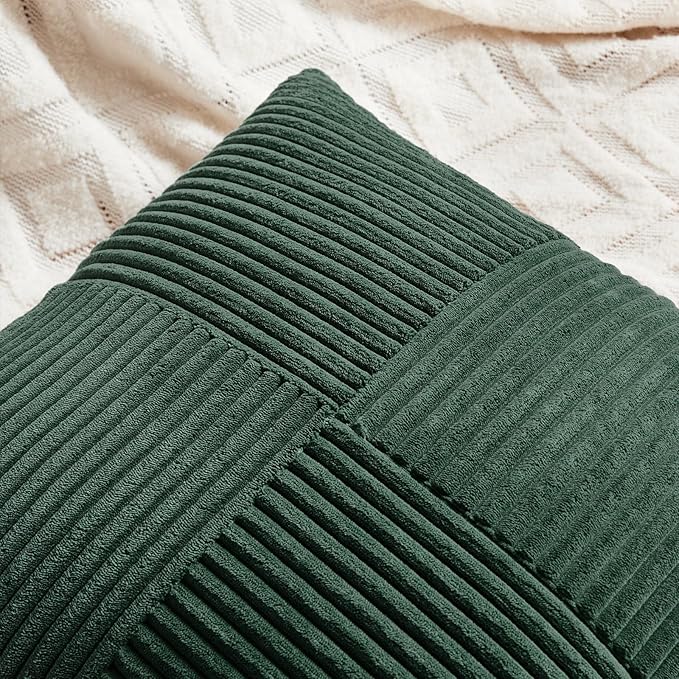 Fancy Homi Set of 2 Dark Green Samll Decorative Throw Pillow Covers 14x14 Inch for Living Room Couch Bed, Boho Farmhouse Forest Green Home Decor, Soft Corss Corduroy Patchwork Textured Cushion Case